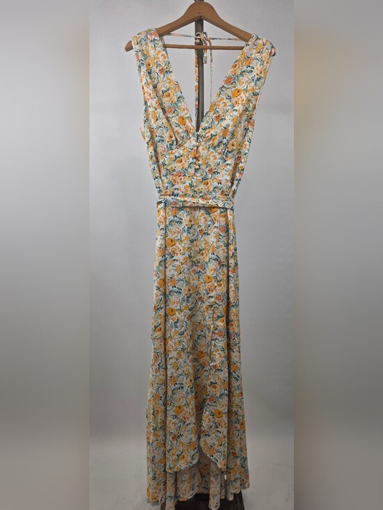 Dresses & Skirts - Fore Women's Yellow Floral V Neck Belted Maxi Dress Size Large